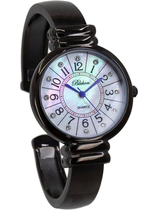 Women\'s Black And Blue Hand Analog Metal hinged Pearl Cuff Bracelet Wrist Watch main image 7